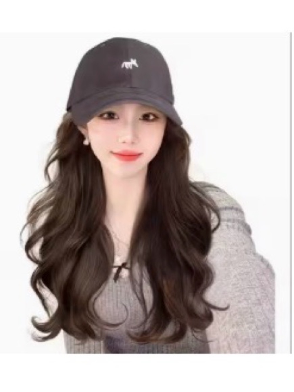 $10Gift💕attached wave long hair charcoalBaseball Cap w Logo hair Dark Brown